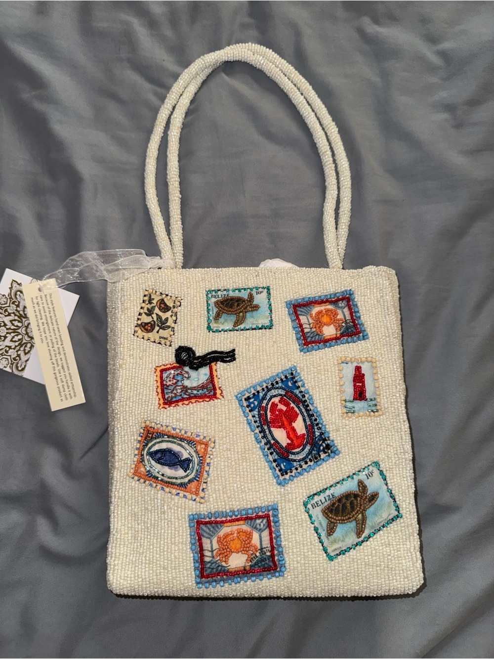 Beaded Shoulder Bag with Ocean Animal Stamp Appliqués Handmade in India New